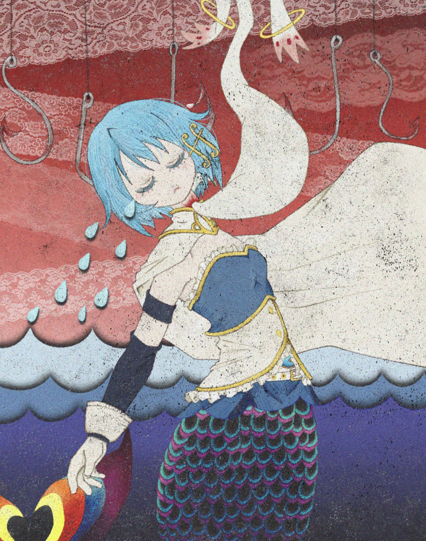 1girls arm_warmers armor blood blue_hair breastplate cape closed_eyes closed_mouth female fishing_hook fishing_line giorgyste gloves hair_ornament highres kyuubee mahou_shoujo_madoka_magica mahou_shoujo_madoka_magica_(anime) mermaid miki_sayaka monster_girl musical_note musical_note_hair_ornament partially_submerged scales soul_gem tears white_cape white_gloves