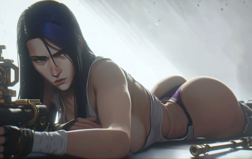 1girls ai_assisted ai_generated arcane arcane_caitlyn atmospheric blue_hair breast_press caitlyn_kiramman female female_focus female_only fonglet gun league_of_legends lying_on_stomach purple_hair rifle riot_games singlet solo solo_female solo_focus thong