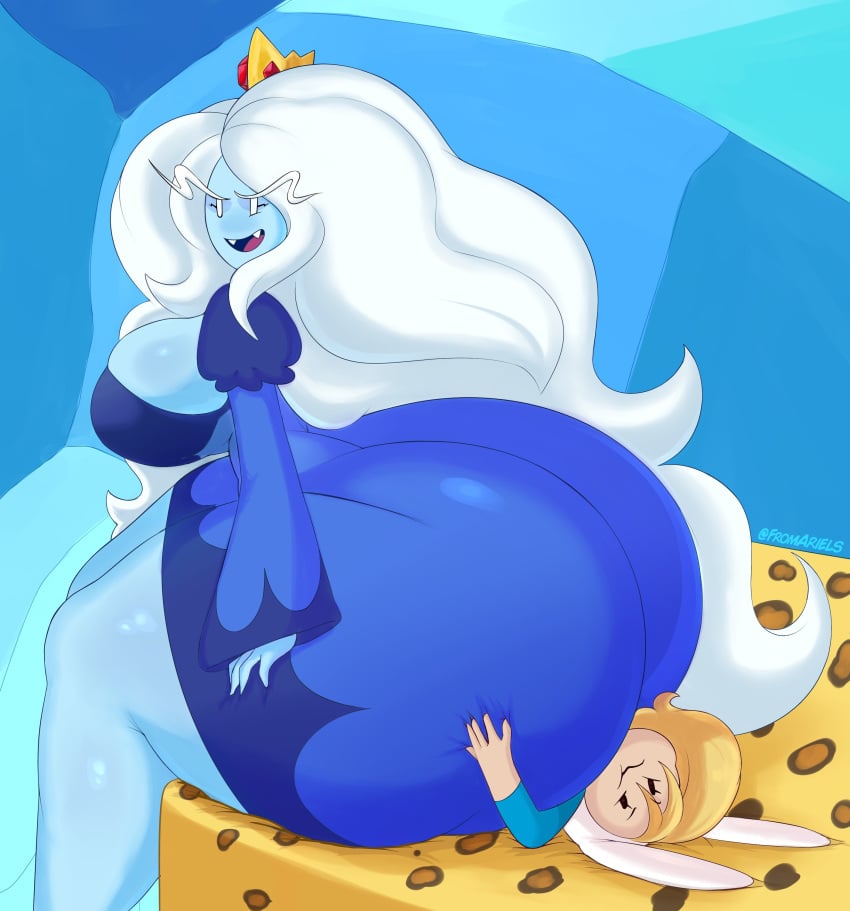 2girls adventure_time ass ass_focus big_ass big_breasts bottom_heavy breasts bubble_butt caked_up cartoon_network face_in_ass facesitting fat_ass female female_only fionna_and_cake fionna_the_human_girl fromariels huge_ass ice_queen ice_queen_(adventure_time) large_ass looking_at_viewer looking_back massive_ass multiple_girls overweight ripped_clothing sitting sitting_on_person solo talking_to_viewer text thick_ass thick_thighs thunder_thighs wardrobe_malfunction wide_hips yuri