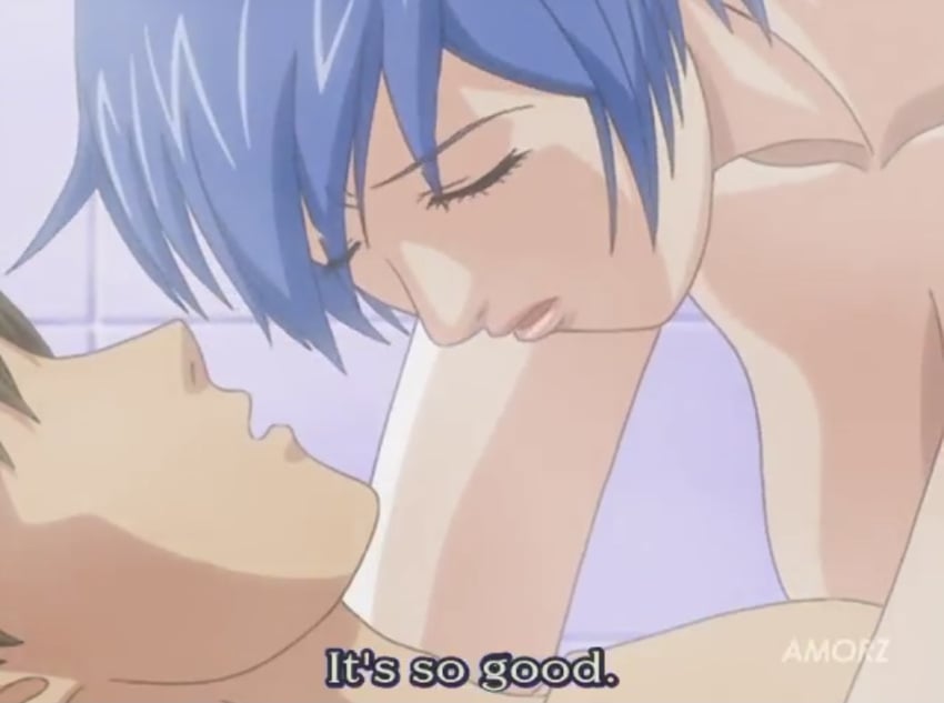 after_kiss bath bathroom blue_hair closed_eyes collarbone discipline:record_of_a_crusade female_on_top glossy_lips hanging_breasts hayami_takurou large_breasts male_on_bottom miyagishi_yuuki sex short_blue_hair short_hair stitched subtitled