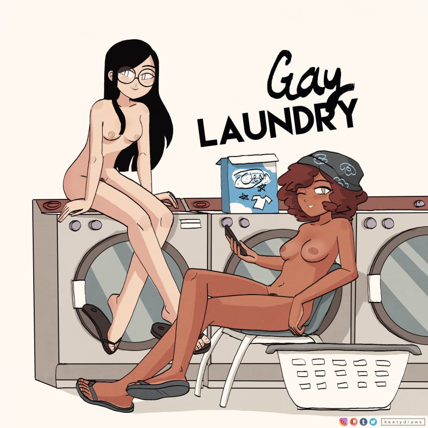 2girls absurd_res artist_name black_hair breasts brown_hair casual casual_nudity color completely_nude curly_hair dark_skin english_text female female_only female_pubic_hair footwear freckles freckles_on_face glasses green_eyes highres human keetydraws kt-draws laundromat lighting long_hair looking_at_viewer multiple_girls natasha_(keetydraws) nipples nothing_to_wear nudist original pale_skin pubic_hair pubic_hair_peek romantic romantic_couple shoes_only small_breasts smile tan_background tiana_(keetydraws) watermark white_eyes wholesome yuri