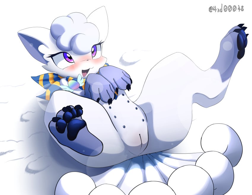 absurd_res alolan_form alolan_vulpix ando blush female feral fur generation_1_pokemon generation_7_pokemon hi_res lying nintendo on_back pawpads paws pokemon pokemon_(species) purple_eyes regional_form_(pokemon) snow solo vulpix white_body white_fur