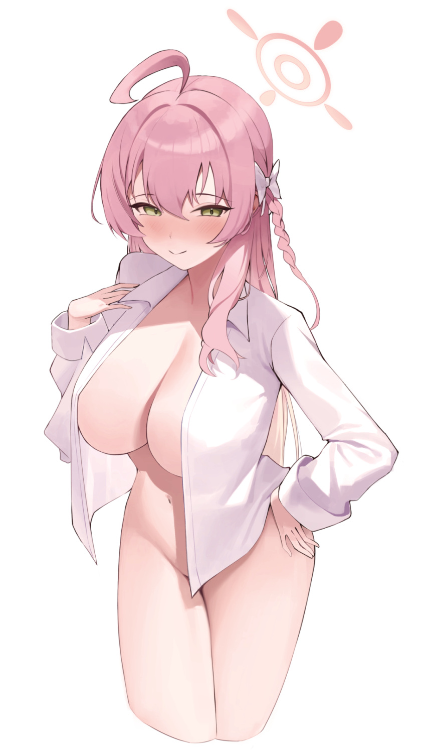 :> ahoge blue_archive blush bottomless braid breasts cleavage closed_mouth collared_shirt cowboy_shot cropped_legs female full-face_blush green_eyes hair_between_eyes half-closed_eyes halo hanako_(blue_archive) hanako_(swimsuit)_(blue_archive) hand_on_hip hand_on_shoulder highres large_breasts long_hair long_sleeves looking_at_viewer magya416 make-up_work_club_(blue_archive) mostly_nude navel no_panties official_alternate_costume open_clothes open_shirt pink_hair pink_halo shirt simple_background single_braid smile solo trinity_general_school_student white_background white_shirt