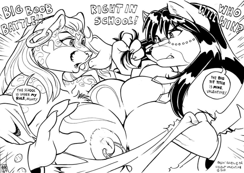 anthro big_breasts breast_press breasts canine catfight cleavage ear_piercing eye_contact feline fur furry glasses hair hair_grab interspecies long_hair looking_at_another max_blackrabbit nipple_piercing nipples piercing raven_hunt snow_leopard teacher torn_clothing valentine_(character) wolf