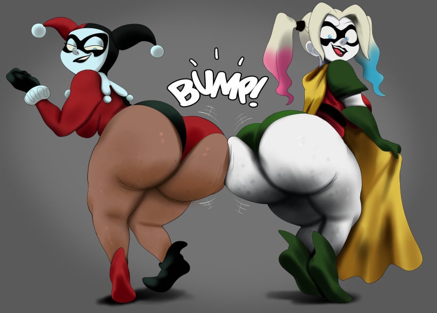 2024 barrybbeesly big_ass blue_eyes bubble_butt dark-skinned_female dc dc_comics facepaint female harley_quinn harley_quinn_(classic) huge_ass light-skinned_female mask onesie robin_(dc) robin_(dc)_(cosplay) swamp_ass tagme