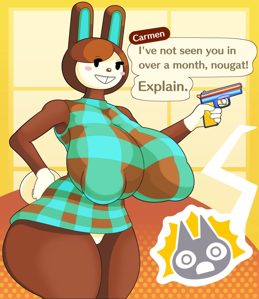 animal_crossing big_ass big_nipples carmen_(animal_crossing) casual_nudity clothed doodlewill female gun huge_ass huge_breasts huge_nipples nintendo nipples_visible_through_clothing no_bra revealing_clothes sideass underass