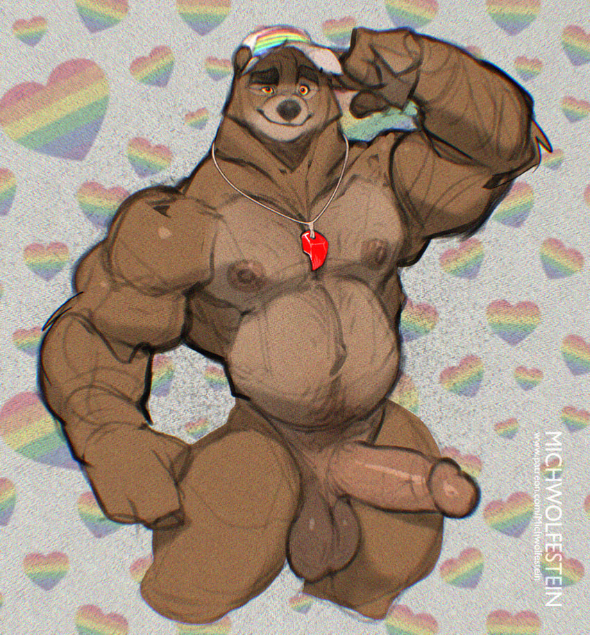 anthro balls bear big_balls big_muscles big_penis brown_eyes clothing erection genitals hand_on_head hat headgear headwear hi_res humanoid_genitalia jewelry kodiak_(kodiak079) lgbt_pride lgbt_pride_month looking_pleasured male male_only mammal michwolfestein mischievous_smile musclegut muscular pendant penis pose rainbow rainbow_heart rainbow_symbol simple_background solo white_background