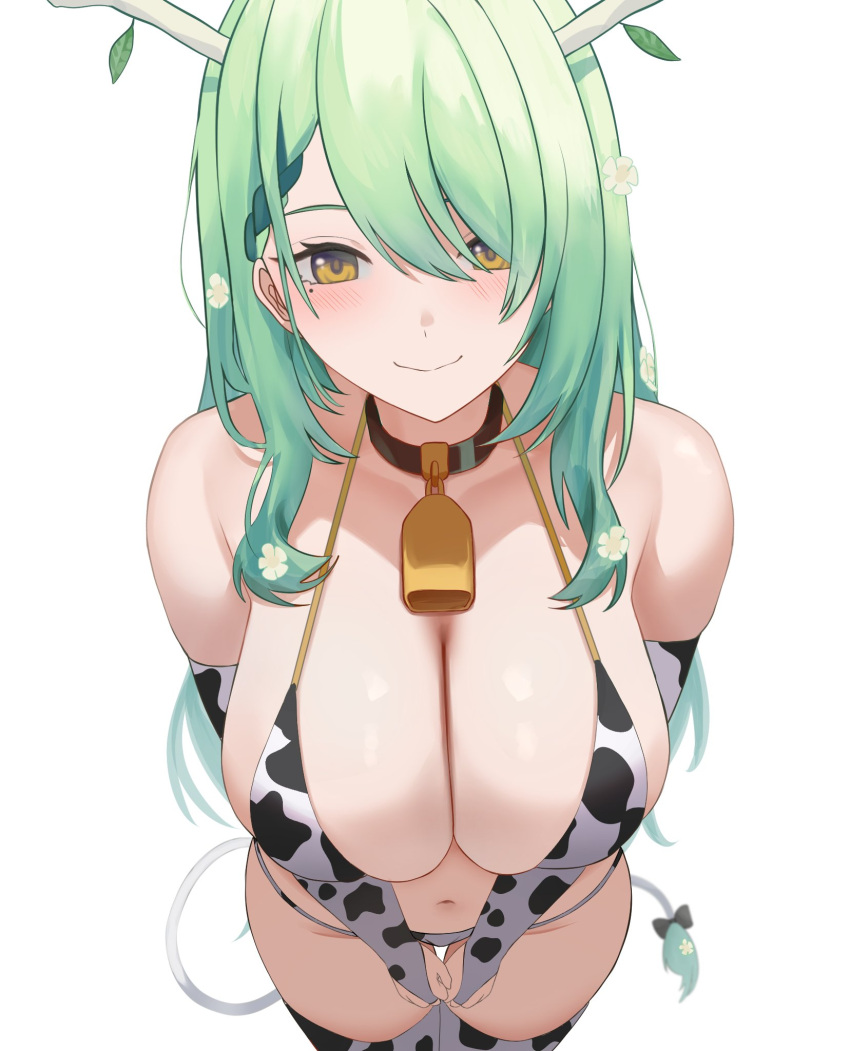 1girls 2d 2d_(artwork) alternate_costume belly_button big_breasts bikini bikini_top bra ceres_fauna cow_bell cow_bikini cow_print cow_tail female female_only flowers flowers_in_hair front_view green_hair hair_over_one_eye high_resolution highres hololive hololive_english hololive_english_-council- hololive_english_-promise- horns huge_breasts light-skinned_female light_skin long_hair looking_at_viewer mole mole_under_eye navel revealing_clothes revealing_swimsuit si_farid simple_background skimpy_clothes slim_girl smiling smiling_at_viewer solo solo_female solo_focus standing swimsuit thighhighs thong thong_bikini two_piece_swimsuit virtual_youtuber voluptuous voluptuous_female vtuber vtuberfanart white_background yellow_eyes young younger_female