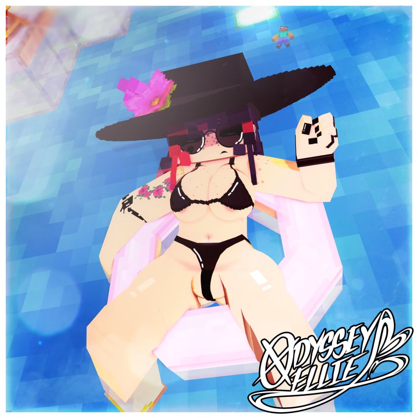 1boy 1girls 3d 3d_(artwork) arm_tattoo big_breasts bikini breasts drowning ellie_walls_(odysseyellie) face_tattoo female floatie floral_tattoo flower_tattoo freckles goth goth_girl hat heart_tattoo male mine-imator minecraft odysseyellie png pool small_male smaller_male steve_(minecraft) sun_hat sunglasses swimsuit tattoo thick_thighs wide_hips