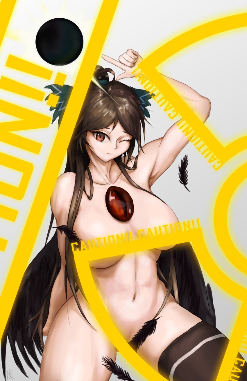 1girls 2d alternate_version_available arm_up armpit belly belly_button big_breasts breasts brown_eyes brown_hair censored censored_nipples convenient_censoring crow crow_girl female female_only hairbow hips humanoid long_hair looking_at_viewer nude nude_female okuu one_eye_closed radiation_sign radiation_symbol sitting solid_color_background solo source sun thick_thighs thighhighs thighs third_eye tied_hair touhou utsuho_reiuji warning_sign wide_hips wings xseal3