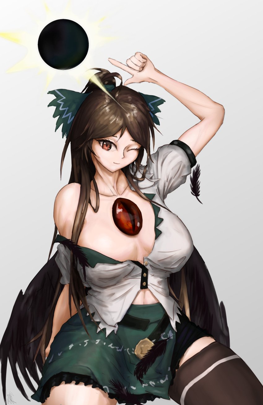 1girls 2d alternate_version_available arm_up bare_shoulder big_breasts breasts brown_eyes brown_hair brown_hair clothed clothed_female crow crow_girl female female_only hairbow hips humanoid long_hair looking_at_viewer okuu one_eye_closed puffy_short_sleeves shirt sitting skirt solid_color_background solo source sun thick_thighs thighhighs thighs third_eye tied_hair touhou unbuttoned_shirt utsuho_reiuji wide_hips wings xseal3