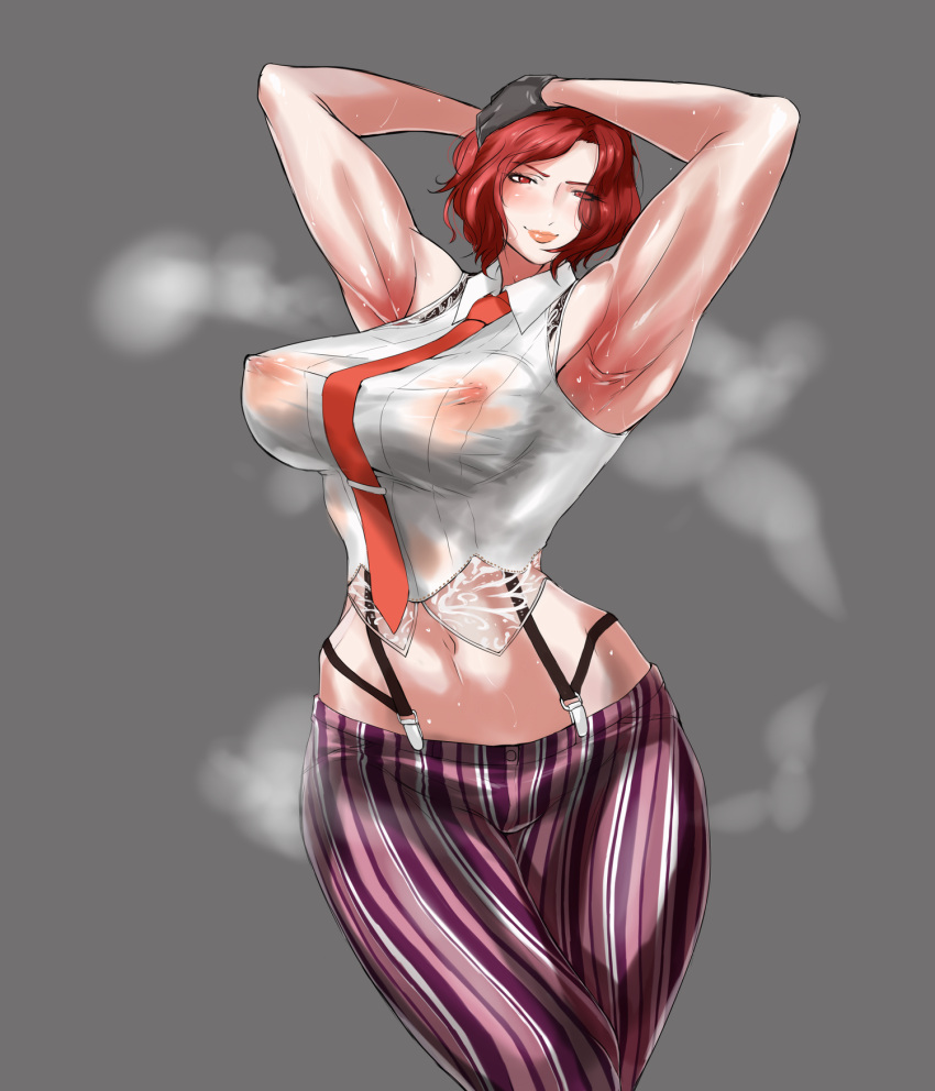 areolae armpits arms_up artist_request bare_midriff blush busty crop_top erect_nipples female female_focus female_only gloves hourglass_figure king_of_fighters milf muscle_tone navel nipple_bulge nipples pants pinup pinup_pose red_eyes red_hair see-through see-through_clothing see-through_shirt short_hair sleeveless sleeveless_shirt snk standing steam steaming_body steamy suspenders sweat sweatdrop sweating sweaty sweaty_body tagme tie toned toned_female vanessa_(kof) wet_clothes wet_shirt wide_hips