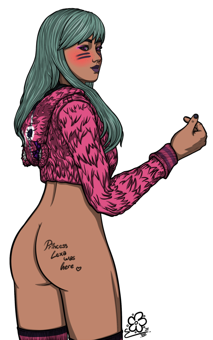 1girls alpha_channel ass blush flo-sb-13 for_sticker_use fortnite heart_sign makeup mint_hair png semi_nude solo solo_female sticker_template syd_(fortnite) tan_body transparent_background transparent_png writing_on_body