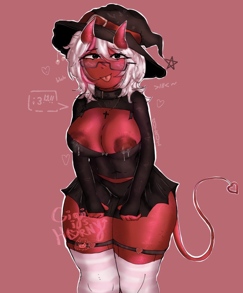 1girls :3 ;3 areola_slip black_eyes collar collared cross_necklace demon demon_girl female_focus freckles gigiishorny glasses gross_grim hair_streak horny huge_breasts lactation milkers mommy_material oc pulling_down_skirt red_body red_skin roblox roblox_avatar roblox_rthro robloxian shiny short_hair short_skirt solo solo_female star_(symbol) streaked_hair succubus succubus_horns succubus_tail text_box text_bubble thighhighs tongue_out voluptuous_female wanting_sex white_hair witch_costume witch_hat