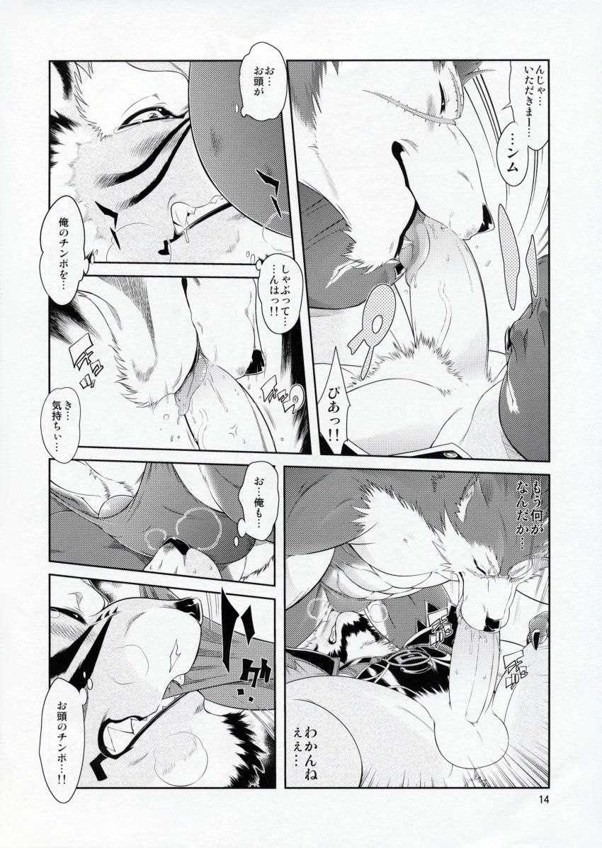 69 amakuchi canine clothing comic fantasy feline fellatio fundoshi furry gay high_resolution male monochrome no_humans oral oral_sex penis raihi rouen sex shining_(series) shining_f shining_wind tiger translation_request underwear wolf yaoi