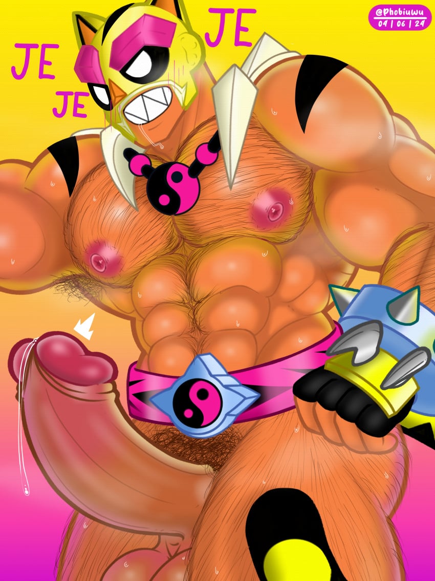 1boy 2024 abs armpit_hair armpits ass balls bara belt biceps big_balls big_breasts big_dick big_penis big_thighs bodysuit brawl_stars chest_hair collar el_primo_(brawl_stars) el_tigro fangs fingerless_gloves gay hairy hairy_male huge_cock laugh male male_focus male_only mask muscular muscular_arms muscular_male muscular_thighs musky musky_cock nipples nude phobiuwu precum pubic sharp_teeth solo solo_focus solo_male spiked_bracelet sweat tail thick_penis thick_thighs thighhighs thighs yellow_background