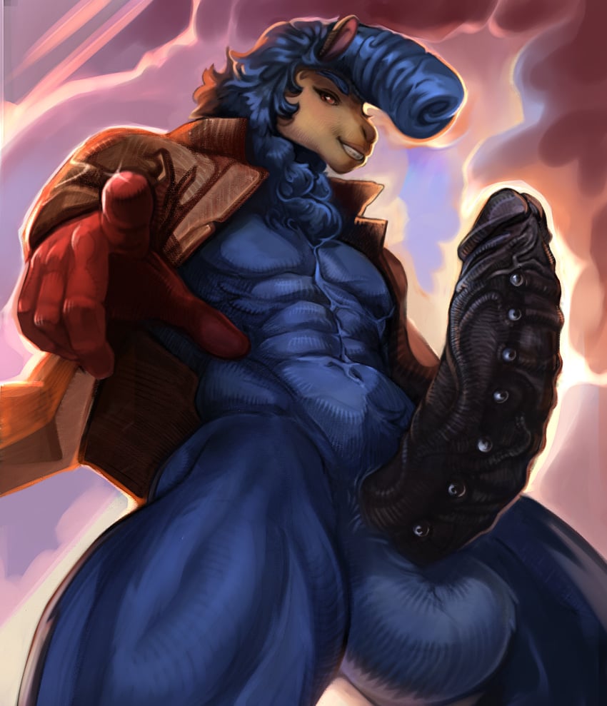 5_fingers abs alpaca anthro balls big_penis black_penis blue_body blue_fur blue_hair camelid clothing cloud danelaxy_(artist) erection fingers fur genital_piercing genitals gesture gloves hair hand_gesture handwear hi_res humanoid_genitalia humanoid_penis jacket_only looking_at_viewer low-angle_view male mammal mostly_nude muscular nude orange_eyes penis penis_piercing piercing pointing pointing_at_viewer rozzy_(rakakuza) sky skyscape solo vein veiny_penis worm's-eye_view