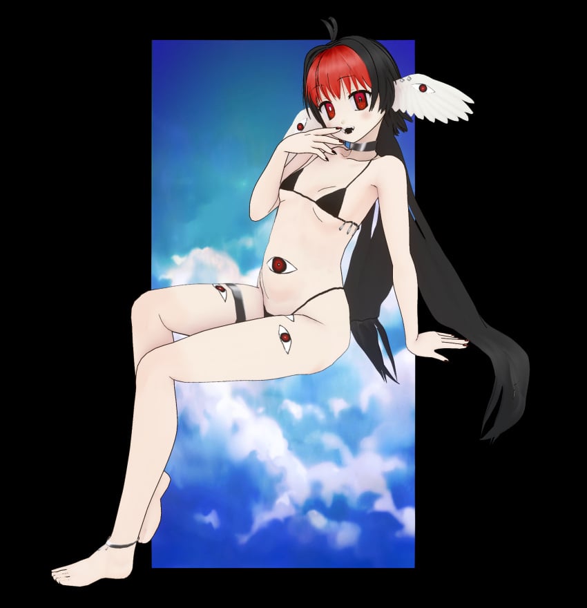 3d ahoge anklet bikini bikini_bottom bikini_top black_hair choker crossdressing eye_on_belly eyes fangs femboy feminine_male head_wings hidden_penis image looking_at_viewer multicolored_hair nail_polish piercings red_eyes sitting small_bikini small_breasts smile swimsuit thigh_strap unusual_pupils virtual_youtuber vroid vtuber