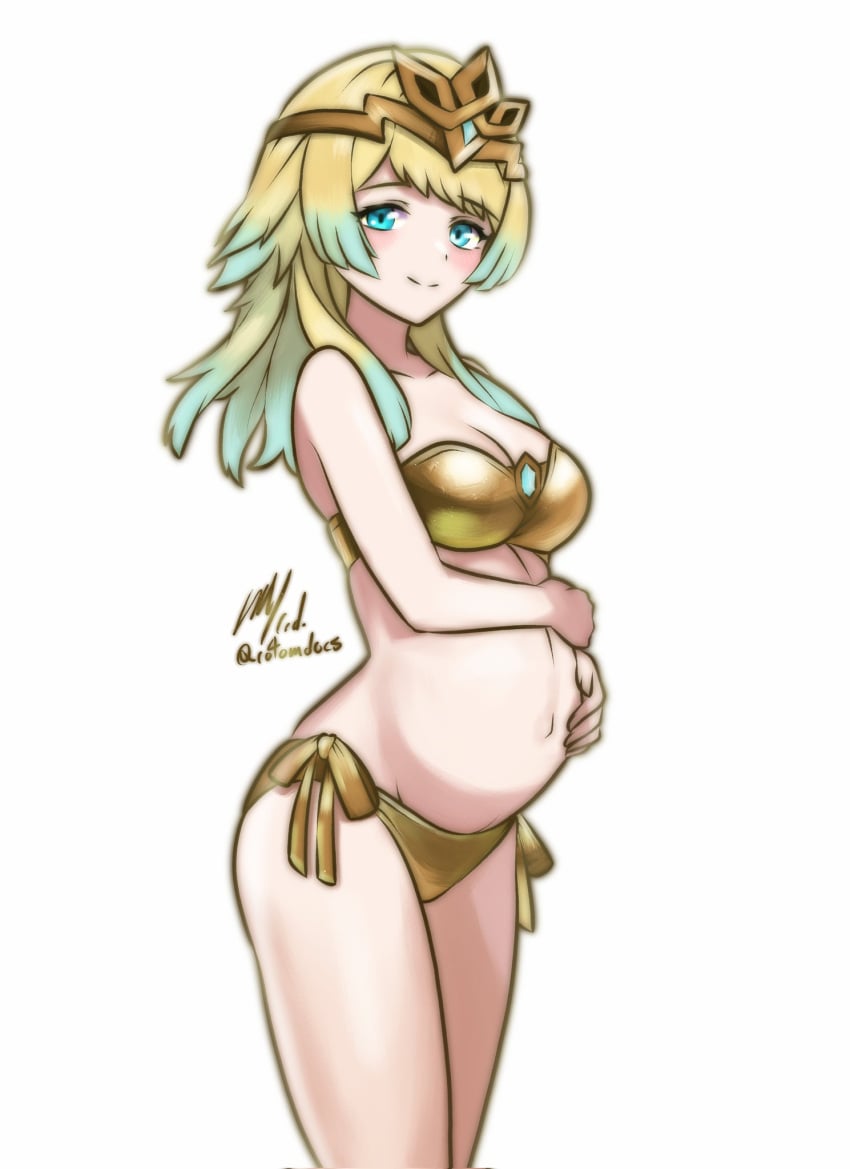 1girls alternate_costume alternate_hairstyle aqua_eyes bare_arms bare_shoulders bikini blonde_hair blush breasts cleavage cowboy_shot crown early_pregnancy female female_only fire_emblem fire_emblem_heroes fjorm_(fire_emblem) gold_bikini gold_swimsuit gradient_hair green_hair hands_on_own_stomach highres long_hair looking_at_viewer medium_breasts multicolored_hair navel nintendo pregnant princess rotomdocs royalty side-tie_bikini_bottom signature simple_background smile solo strapless strapless_bikini swimsuit twitter_username white_background yellow_bikini yellow_swimsuit