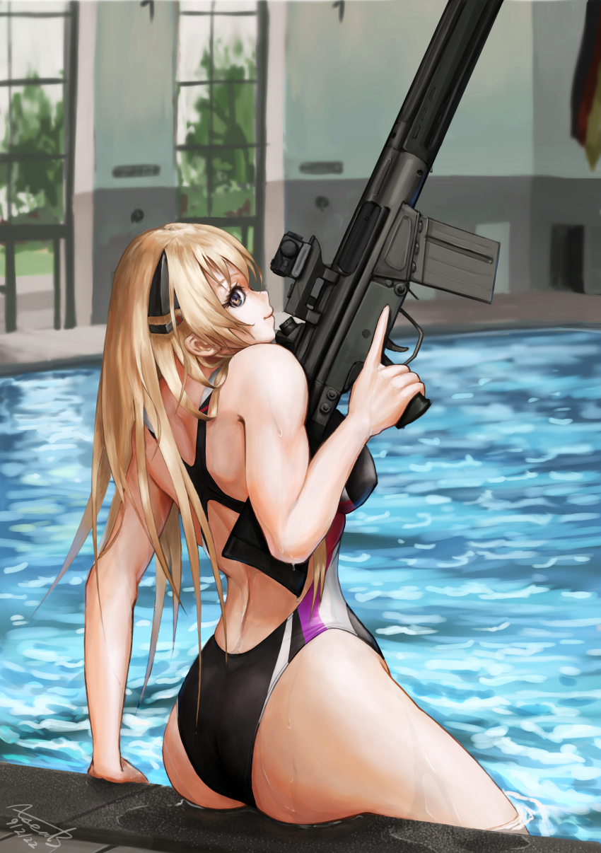 1girls 2d artist_signature ass back_view big_ass big_breasts blonde_hair breasts dated facing_away female female_only from_behind g3 g3_(girls'_frontline) girls'_frontline gun hair_accessory heavenly_ass hips holding_gun holding_weapon indoors long_hair looking_at_viewer looking_back looking_back_at_viewer nipple_bulge pool sideboob sitting smile solo source swimming_pool swimsuit thick_thighs thighs ump9_(girls'_frontline) wet wide_hips xseal3 yellow_eyes