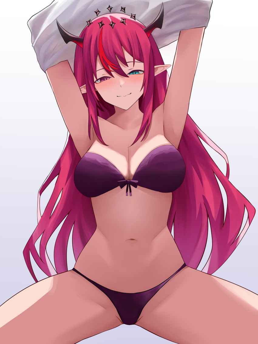 arms_up blue_eyes blush bra breasts cleavage female front-tie_bra gradient_background grey_background half-closed_eyes halo heterochromia highres hololive hololive_english hololive_english_-promise- horns irys large_breasts long_hair looking_at_viewer multicolored_hair navel panties pointy_ears purple_bra purple_eyes purple_hair purple_panties red_hair si_farid smile solo spread_legs streaked_hair underwear undressing virtual_youtuber white_background