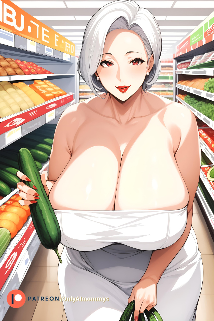 ai_generated barely_contained_breasts big_breasts blush blushed_face blushing_at_viewer cucumber daya_kisaragi giant_breasts grabbing_bag looking_at_viewer milf oc onlyaimommys original original_character patreon_username red_nails shopping shopping_mall smiling smiling_at_viewer thick_thighs thighs white_dress white_hair white_piercing