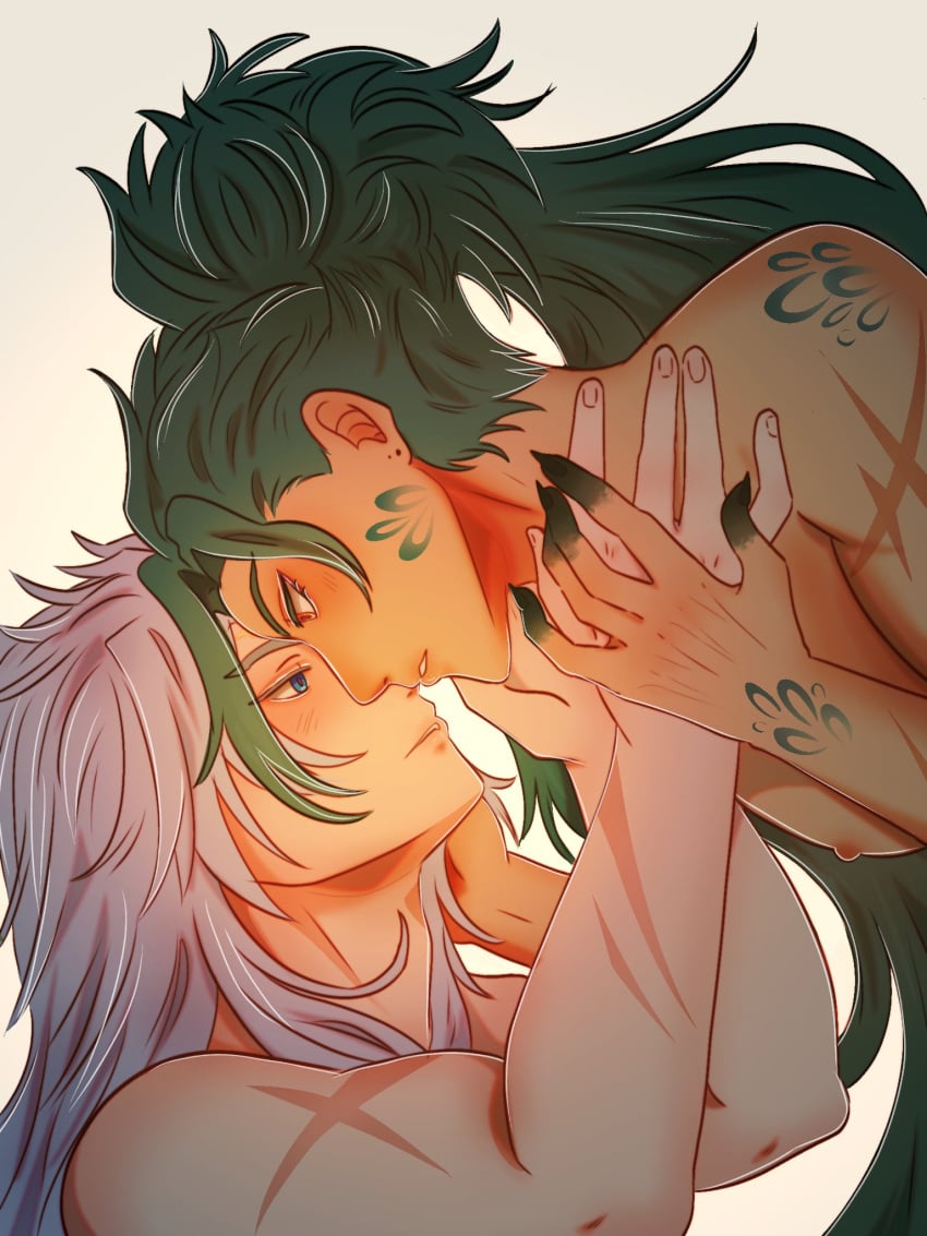 calcharo_(wuthering_waves) couple couple_(romantic) dragon feathers gay green_hair hands jiyan_(wuthering_waves) kissing long_hair male/male male_only only_male romantic romantic_couple scar twist04 white_hair wuthering_waves yaoi