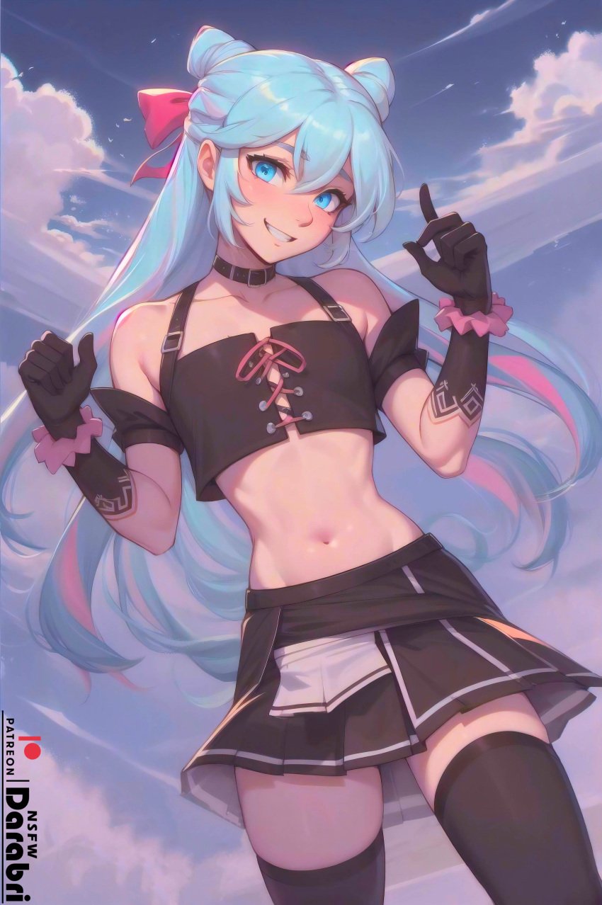 1boy abstract_background absurd_res ai_generated bangs blue_eyes blue_hair crop_top cute darabri femboy feminine_male flat_chest flat_chested gay girly logo otoko_no_ko pale_skin patreon patreon_logo petite pov pov_eye_contact rosado_(fire_emblem) skirt slim smiling solo stockings thin_waist yaoi