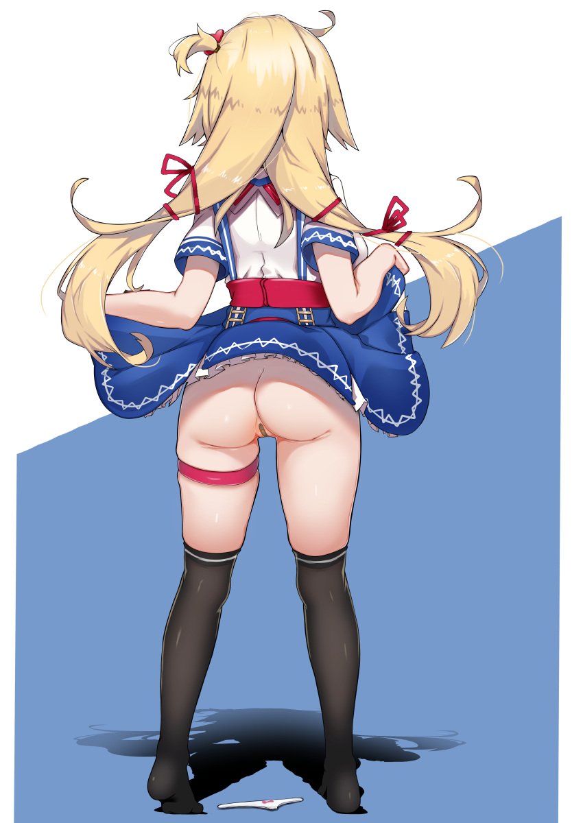 absurdres akai_haato ass bandaid bandaid_on_pussy black_thighhighs blonde_hair blue_background blue_skirt clothes_lift female from_behind full_body hair_ribbon highres hololive hololive_gen_1 hololive_japan johnny_(braun-kan_cafe) lifting_own_clothes long_hair one_side_up panties red_ribbon ribbon shirt short_sleeves skirt skirt_lift solo standing strap thighhighs two-tone_background underwear unworn_panties virtual_youtuber white_background white_shirt