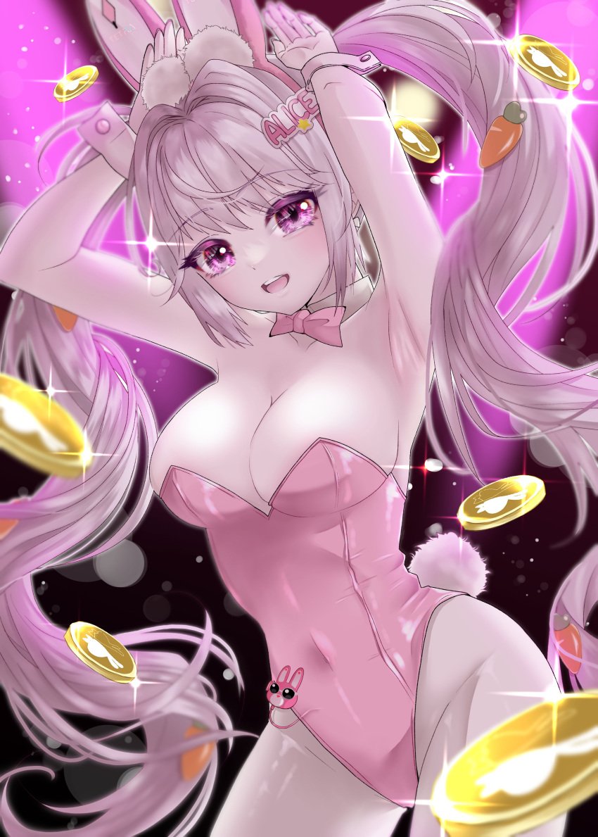 1girls alice_(nikke) alice_(wonderland_bunny)_(nikke) breasts bunny_ears bunnysuit cleavage female_only goddess_of_victory:_nikke open_mouth pink_eyes twintails upper_teeth white_hair