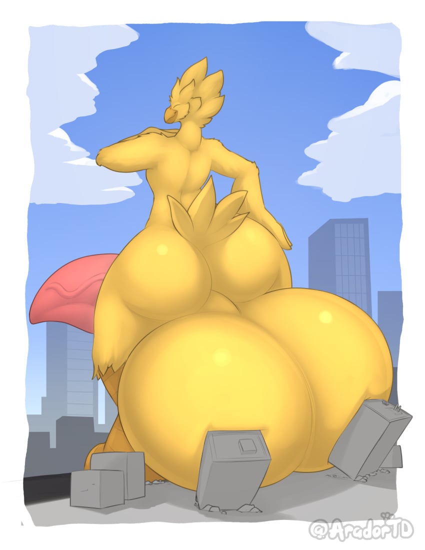 2024 anthro aradortd ass avian balls beak big_balls big_butt border building building_destruction chocobo city cloud day destruction digital_drawing_(artwork) digital_media_(artwork) erection final_fantasy genitals hand_on_butt hi_res huge_balls hyper hyper_balls hyper_genitalia macro male outside penis signature solo solo_focus square_enix standing vein veiny_penis white_border yellow_body