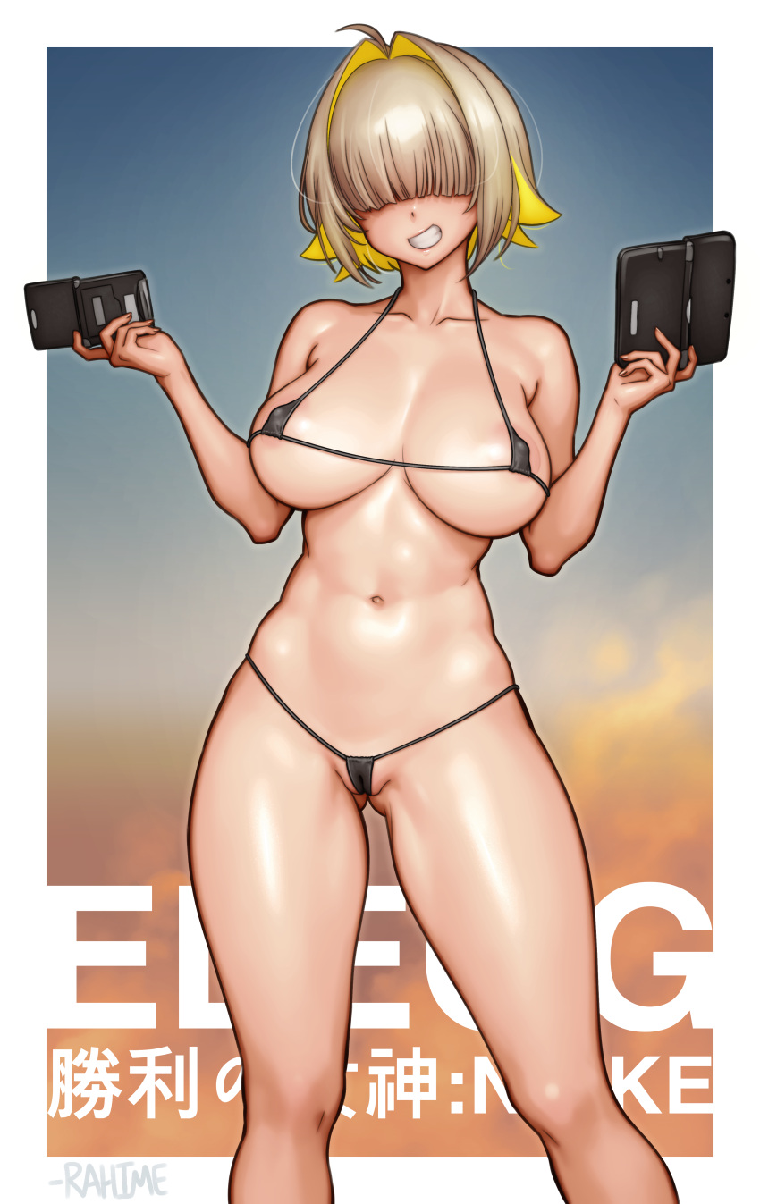 1girls ahoge areola_slip ass_visible_through_thighs barely_clothed bikini blonde_hair elegg_(nikke) female female_only goddess_of_victory:_nikke grin hair_over_eyes large_breasts micro_bikini nipple_bulge rahime revealing_clothes selfie short_hair skimpy_clothes solo standing