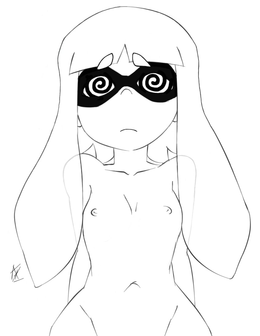 1girls 2d 2d_(artwork) agent_3_(splatoon) brainwashed brainwashing completely_nude edit expressionless female female_only femsub flat_chest grayscale humanoid hypnosis inkling inkling_girl inuyuru mind_control navel nintendo nipples nude permanent permanent_hypnosis self_upload signature solo spiral_eyes splatoon standing standing_at_attention tech_control third-party_edit