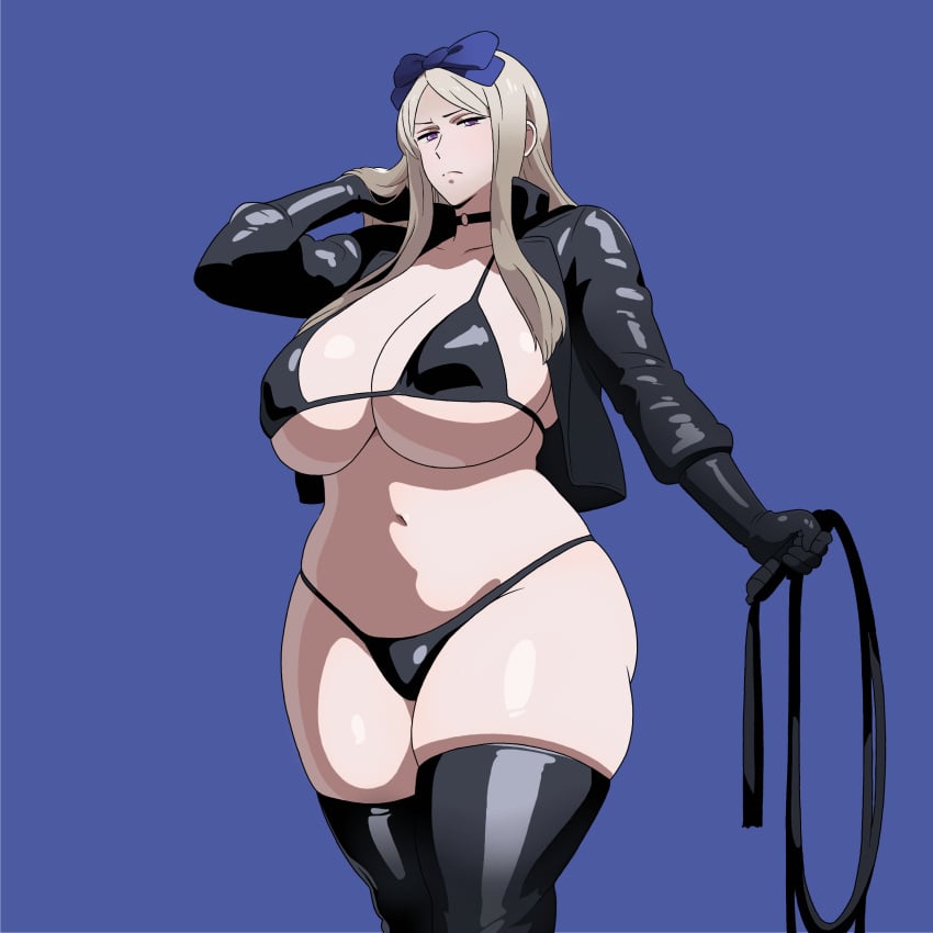 1girls alternate_version_available axis_powers_hetalia belarus_(hetalia) belly big_breasts bikini bikini_top blonde_hair blue_background breasts choker dominant dominant_female dominatrix female female_only frown fungus-man gloves hairbow jacket large_breasts latex_thighhighs leather_jacket light-skinned_female light_skin long_hair looking_at_viewer partially_clothed purple_eyes self_upload solo solo_female standing tagme thick_thighs thighs whip wide_hips