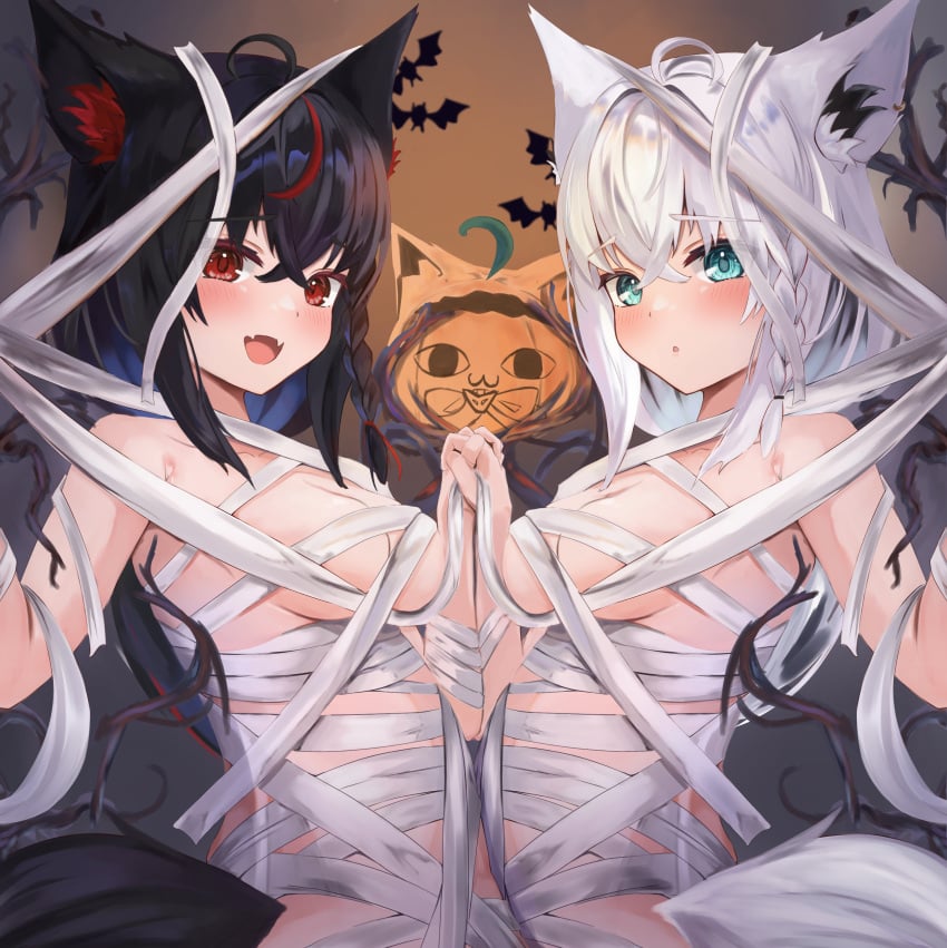 2girls animal_ears animal_tail black_hair halloween holding_hands hololive hololive_gamers hololive_gen_1 hololive_japan kurokami_fubuki multiple_girls mummy_costume shirakami_fubuki siyara_amau tagme virtual_youtuber white_hair