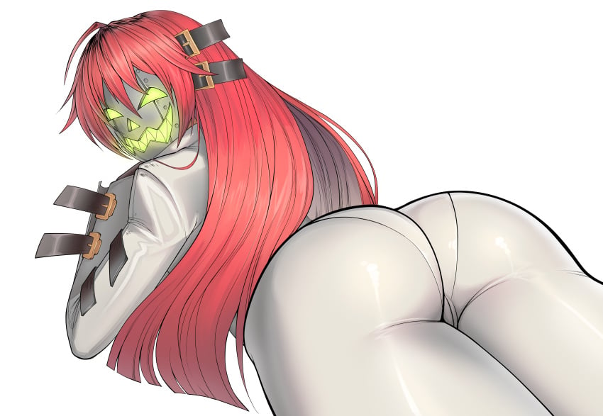 ass erodrunky guilty_gear jack-o'_valentine looking_at_viewer looking_back mask prone red_hair third-party_edit tight_clothing vagina