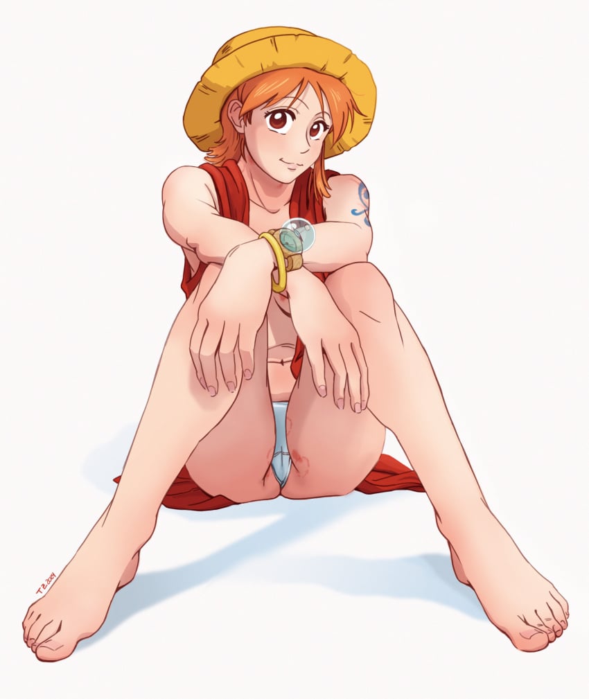 after_sex barefoot bite_mark bite_mark_on_thigh bite_marks color colored dress_up female female_only hickey hickey_marks hidden_breasts monkey_d_luffy_(cosplay) nami nami_(one_piece) one_piece orange_hair pre-timeskip shirt_unbuttoned smile smiling smiling_at_viewer wearing_others_clothes zantinaa