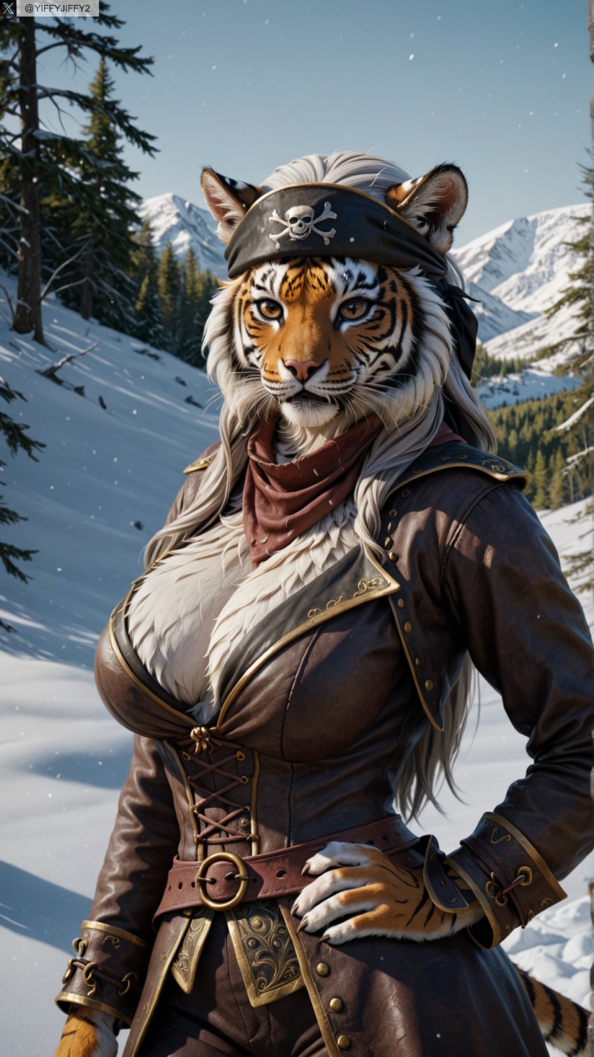 ai_generated animal_ears anthro artist_name bandana breasts female female_anthro furry furry_female hand_on_hip hi_res high_resolution highres photorealistic realistic snow solo stable_diffusion tail tiger twitter twitter_username watermark yiffyjiffy2 yiffyjiffy69