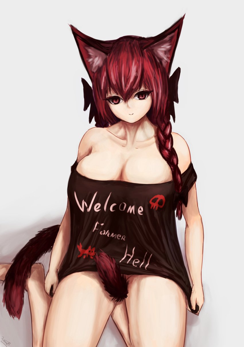 1girls 2d bare_shoulders big_breasts braided_hair breasts cat_ears cat_tail cat_tails catgirl cleavage covered_crotch covered_pussy feline female female_only hairbow hips humanoid looking_to_the_side mostly_nude pulling_shirt red_eyes red_hair rin_kaenbyou shirt shirt_only sitting smile solid_color_background solo source tail thick_thighs thighs tied_hair touhou wide_hips xseal3