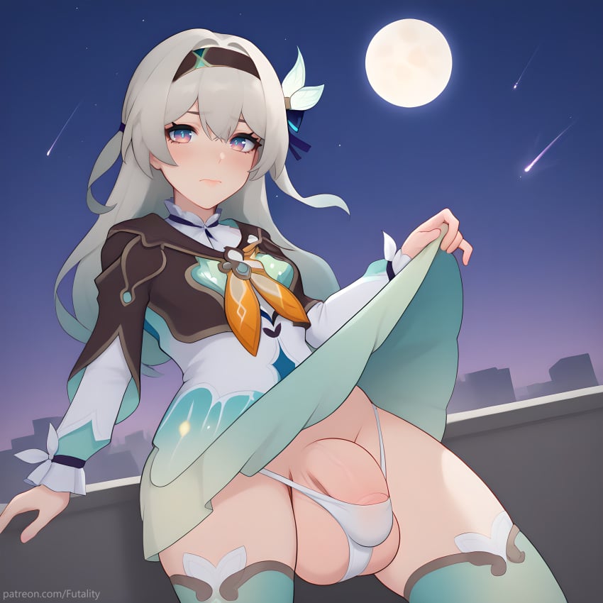 ai_generated bulge dickgirl firefly_(honkai:_star_rail) futality futanari honkai:_star_rail large_balls large_penis presenting skirt_lift solo veiny_penis