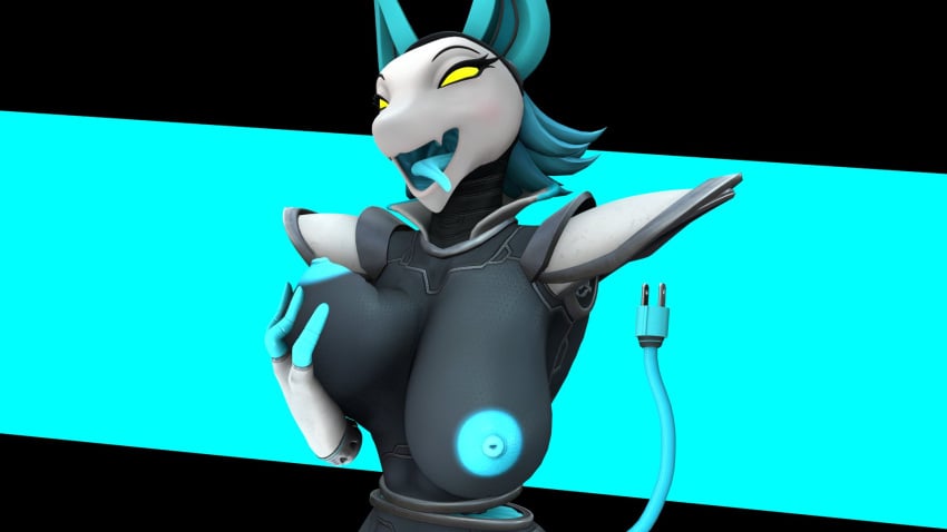 3d 3d_(artwork) big_breasts blue_nipples blue_tail blue_tongue breasts deltarune deltarune_chapter_2 female female_focus female_only floating_hands looking_at_viewer nipples open_mouth robot robot_girl sharkzero smile solo solo_female tail tasque_manager_(deltarune) tongue yellow_eyes