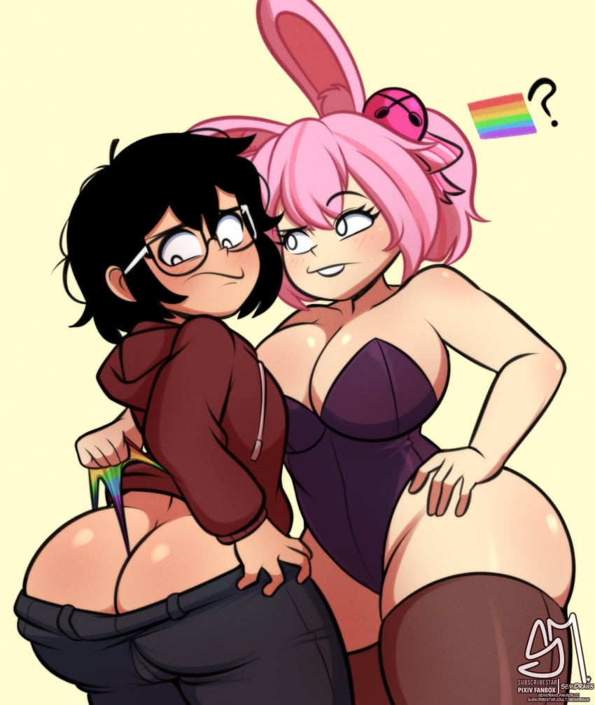 1boy 1girls ass_cleavage big_ass big_breasts black_hair blushing bubble_butt buckteeth bulge bunny_ears bunnysuit butt_crack eyebrow_raise female femboy glasses hand_on_hip hoodie messy_hair no_irises oc pants pink_hair ponytail pride_color_flag pride_colors rainbow_panties self_insert semidraws semifemboi_(semidraws) tagme thick_thighs wedgie wide_hips