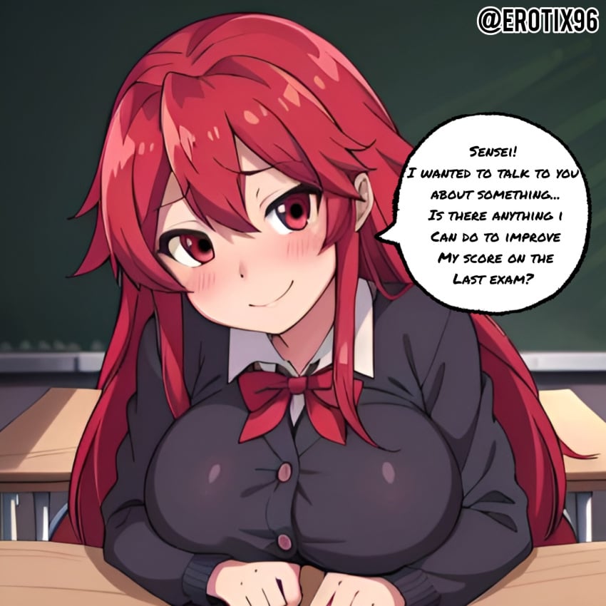 1girls ai_generated big_breasts blush busty classroom clothed clothing erotix96 female female_only horny horny_female huge_breasts itadaki!_seieki large_breasts long_hair looking_at_viewer red_eyes red_hair school_uniform schoolgirl setogaya_mari solo speech_bubble succubus upper_body vampire vampire_girl voluptuous voluptuous_female