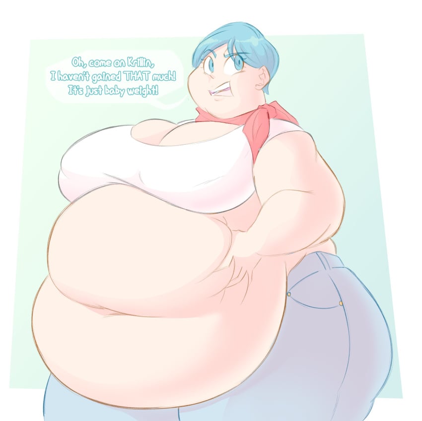 1girls bbw belly blue_hair breasts bulma_briefs cleavage dialogue dragon_ball dragon_ball_super dragon_ball_z fat fat_rolls female huge_belly huge_breasts morbidly_obese obese ssbbw sunsleptos text thick_thighs wide_hips