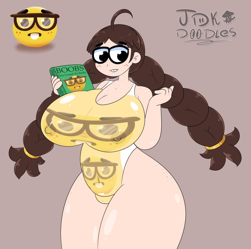 1girls absurd_res absurdres ahoge alternate_version_available areola_bulge artist_name artist_signature big_breasts black_eyes booba_(meme) braided_hair breasts breasts_bigger_than_head brown_hair busty cleavage curvy emoji female female_focus female_only freckles glasses hi_res high_resolution highres huge_breasts human humanized humanoid jdkdoodles large_breasts light-skinned_female light_skin long_hair meme nerd nerd_emoji nerd_emoji_girl nerdy_female nipple_bulge nipples one-piece_swimsuit simple_background solo solo_female solo_focus swimsuit tagme thick_thighs thighs thunder_thighs twin_braids twintails voluptuous