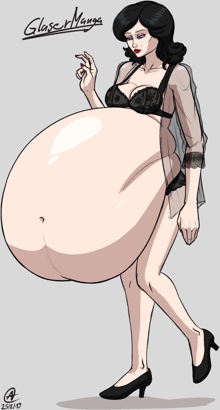 1girls a0iisa beauty_mark belly big_belly big_breasts black_hair bra breasts canon_vore cleavage female huge_belly lingerie men_in_black men_in_black_ii post_vore same_size_vore serleena_(men_in_black) vore