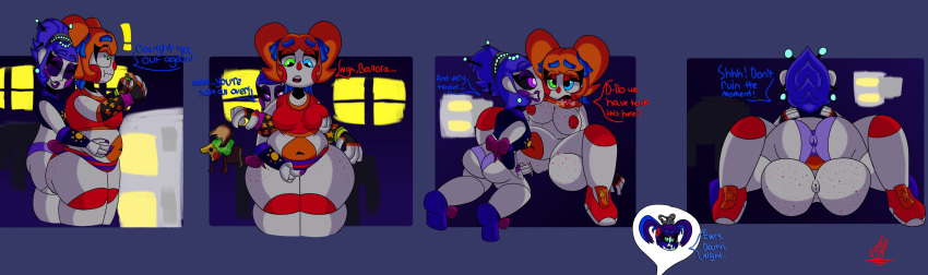 2d 2d_(artwork) baby_(fnafsl) ballora ballora_(fnafsl) bbw big_ass chubby chubby_female circus_baby circus_baby_(fnaf) clown clussy fat_ass female/female fingering five_nights_at_freddy's five_nights_at_freddy's:_sister_location fnaf freckles freckles_on_ass groping groping_from_behind kink-klown lesbian_sex multicolored_eyes multiple_girls purple_eyes robot_girl scottgames scrap_baby scrap_baby_(fnaf) self_upload sister_location surprised taller_girl thick_ass