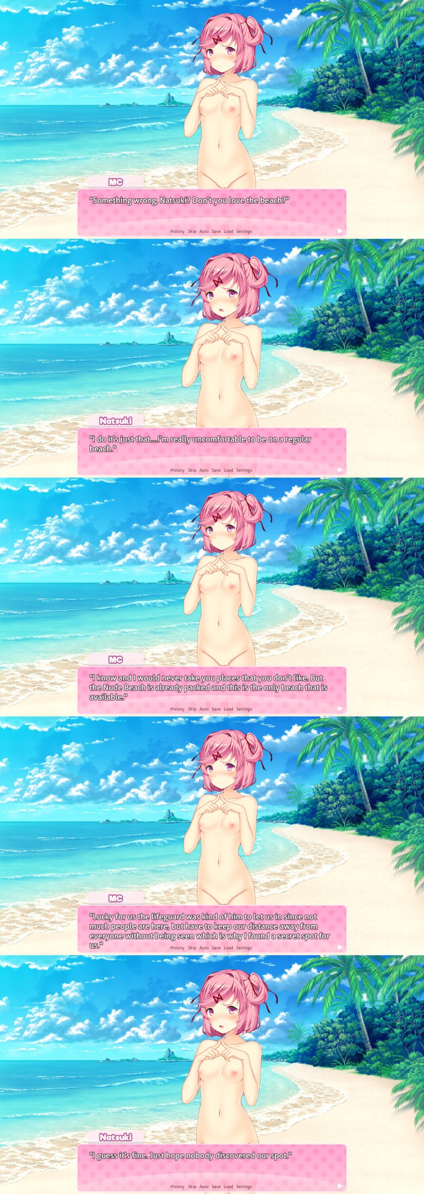 accurate_art_style beach blue_sky blush casual dmx18_artist doki_doki_literature_club female flustered human naked natsuki_(doki_doki_literature_club) no_clothes nude nudist ocean pale_skin pink_eyes pink_hair pink_text_box public sand sky solo sprite sprite_edit text text_box trees water