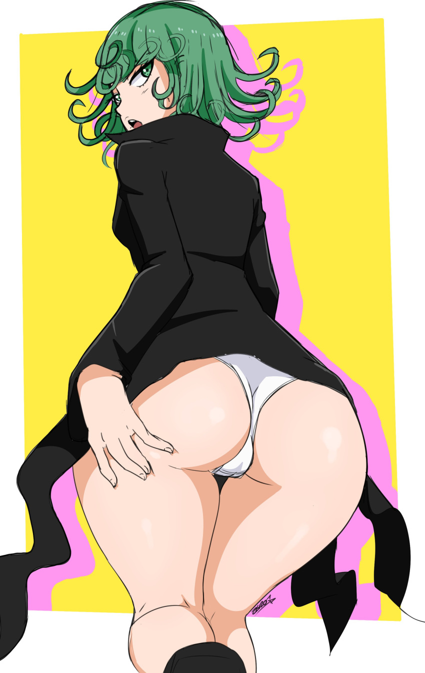 1girls abstract_background ass ass_focus back_view big_ass big_butt female female_focus female_only green_eyes green_hair long_hair looking_back one-punch_man panties short_hair solo solo_female tatsumaki thick_thighs white_panties zeromomentai