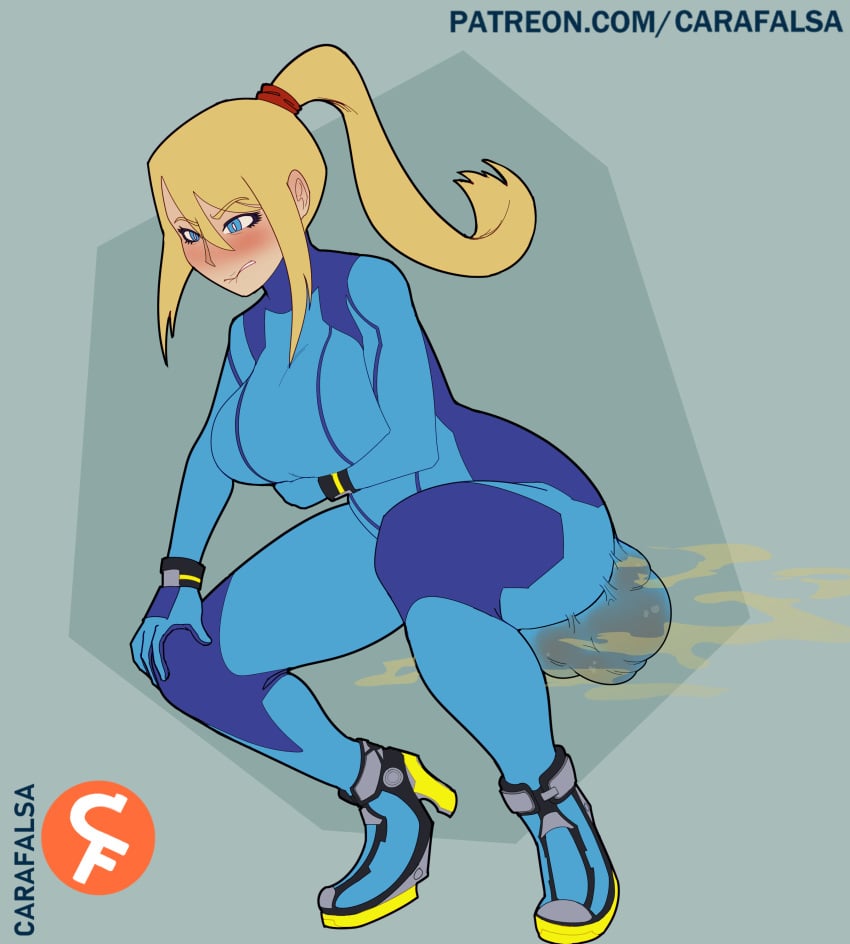 1girls blonde_hair blue_eyes bodysuit carafalsa fart fart_cloud metroid ponytail samus_aran scat shitting soiling soiling_clothing solo_female squatting watermark zero_suit_samus